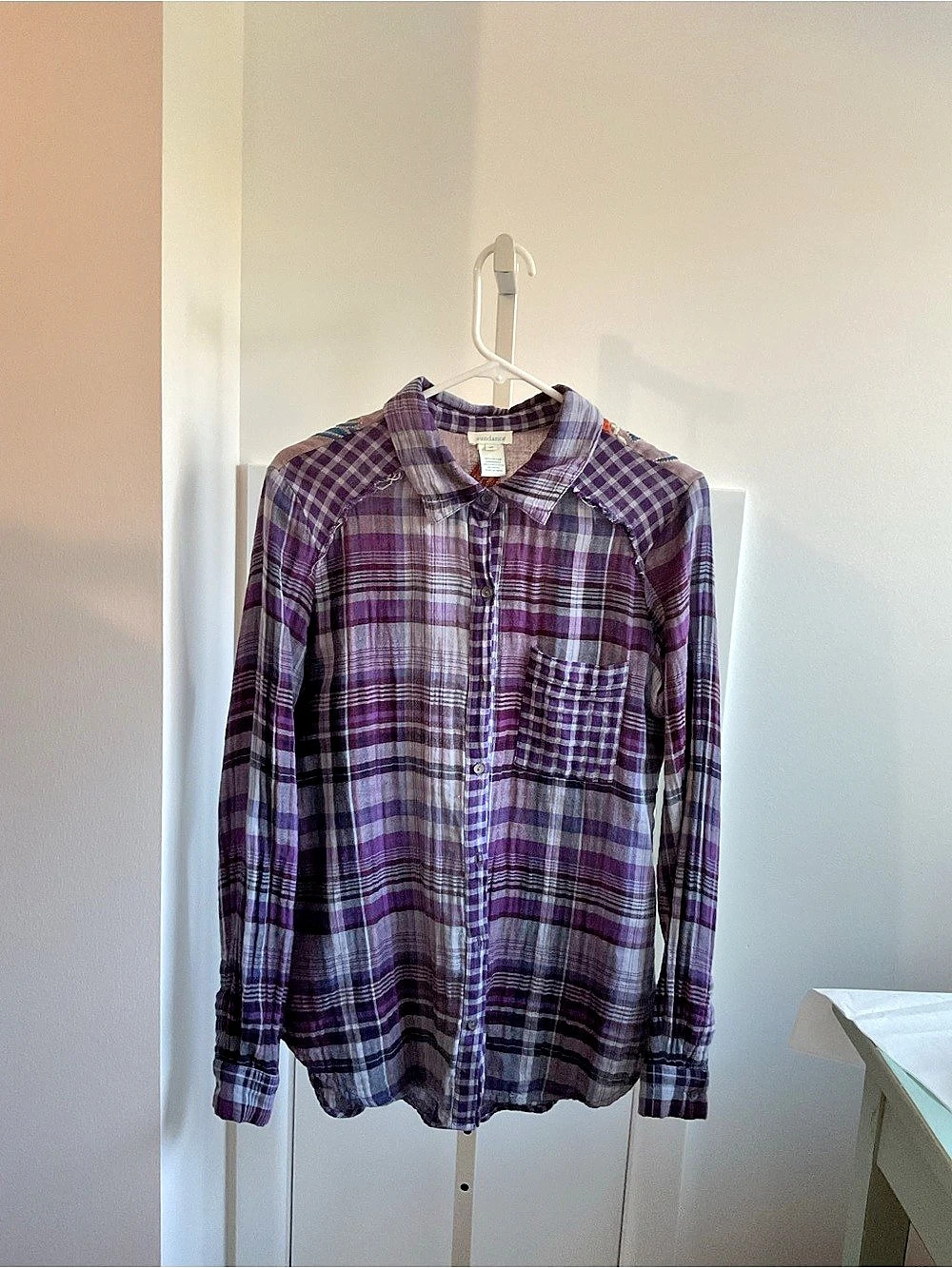 Sundance Plaid Embroidered Button Down in Purple Size Medium